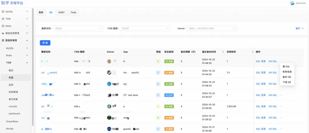 天穹平台 TiDB 集群列表